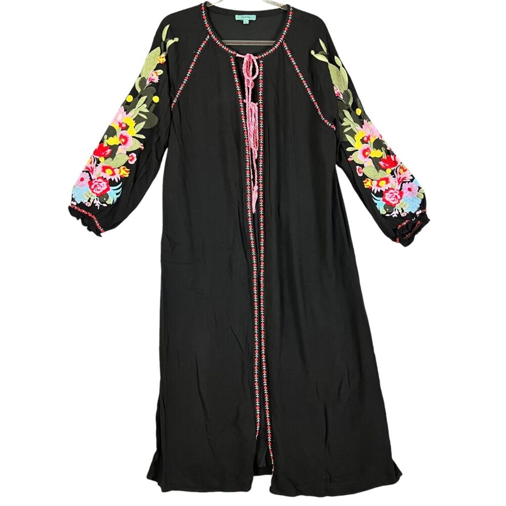 April Sky Boho Duster Long Jacket Black Embroidered Cactus Floral L/S Tassel, L